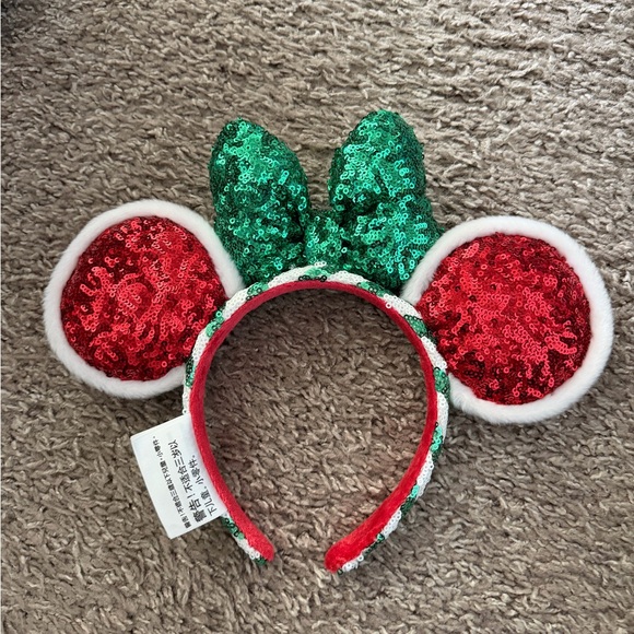 Disney Christmas Sequin Minnie Mouse Ears Headband - Red and Green - Picture 2 of 3